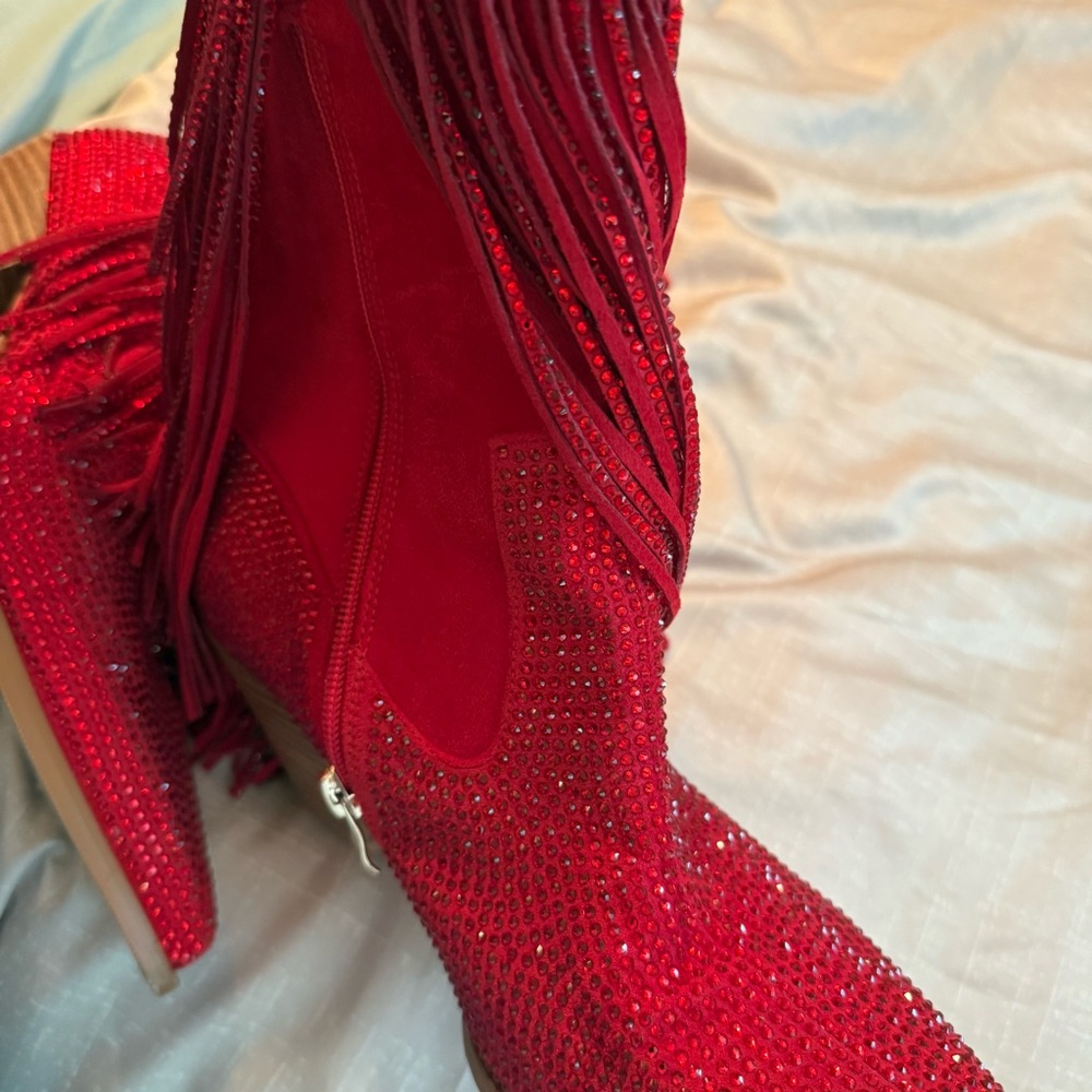 Red Fringe Women's Boots western sequence size 8 que piano zipper - Picture 8 of 8